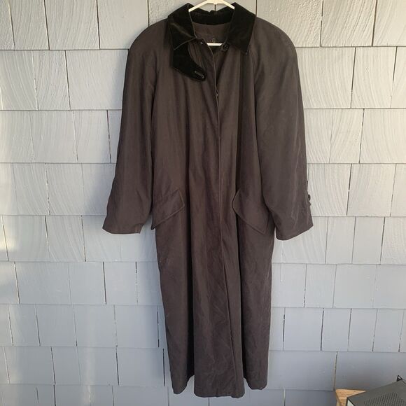 Anne Klein II Trench Coat Womens 10 Dark Brown/Black Long Wool Body Suede Collar - Picture 1 of 13